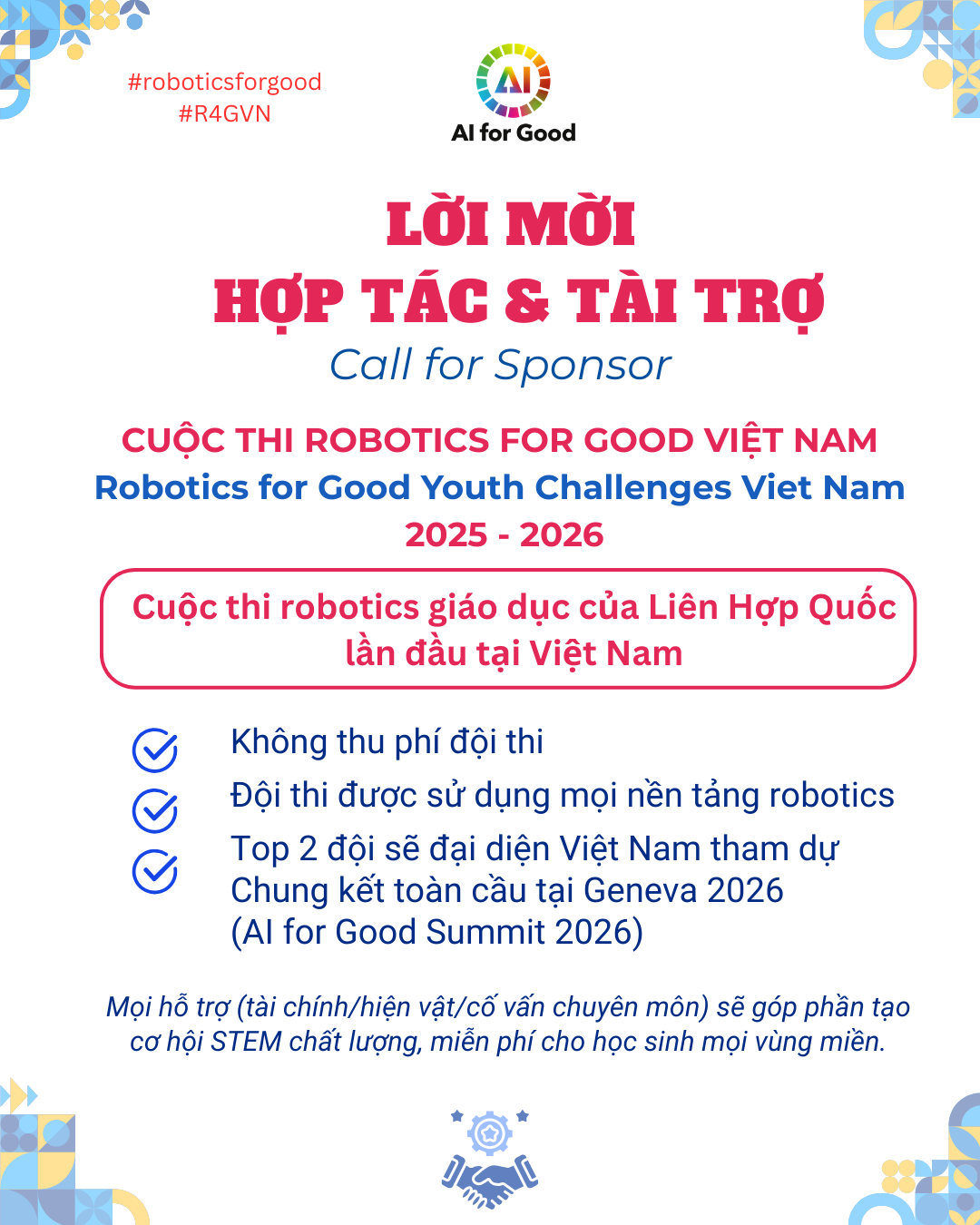 Poster mời đồng hành & tài trợ - Robotics for Good Youth Challenge Vietnam 2025-2026